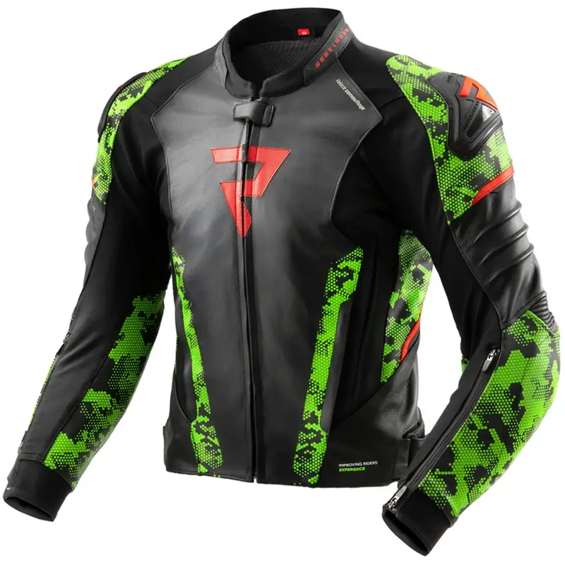 Akční Cena Kožená bunda na motorku Rebelhorn Veloce černo-camo zeleno-fluo červená