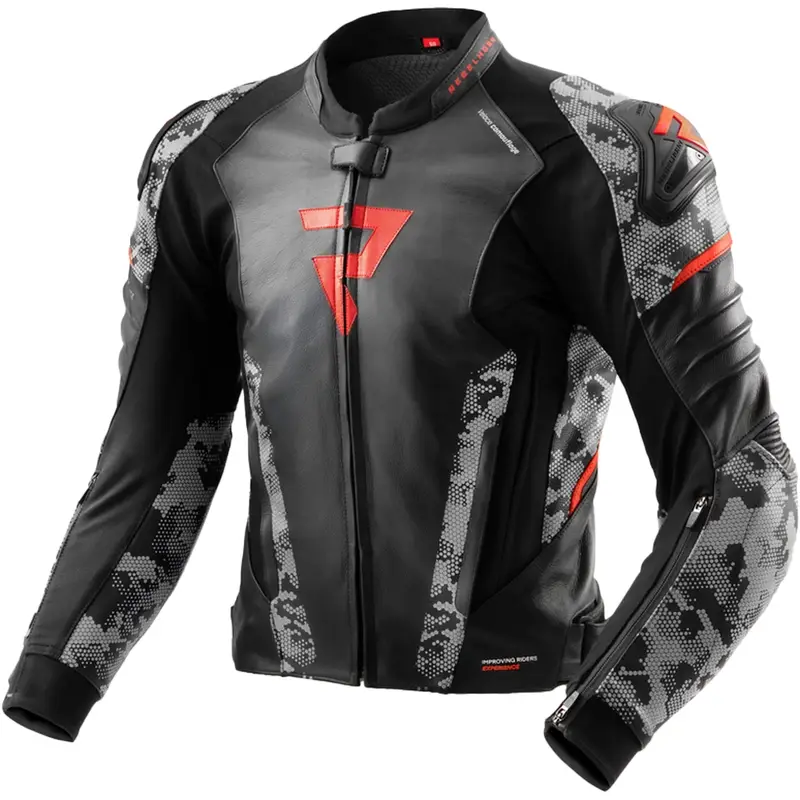 Aktuální Kožená bunda na motorku Rebelhorn Veloce černo-šedo-fluo červená