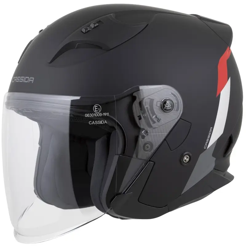 Otevřená helma na motorku Cassida Reflex 2.0 Safety matná černo-červeno-šedo-reflexní stříbrná Zlevněný