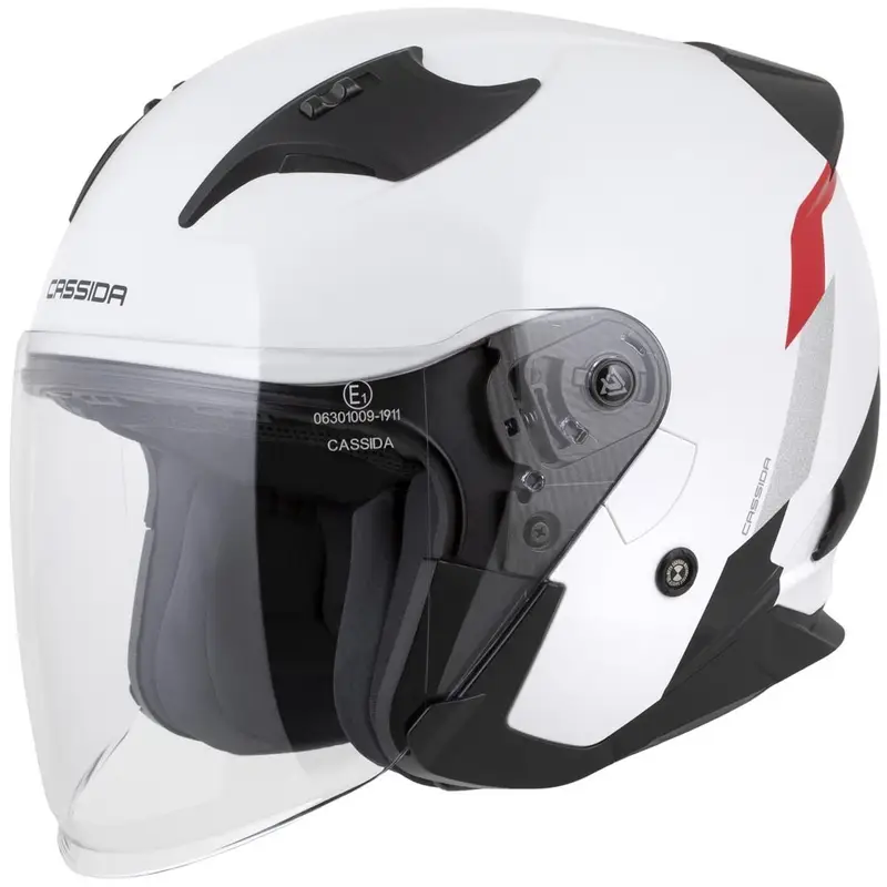 Novinka Otevřená helma na motorku Cassida Reflex 2.0 Safety bílo-červeno-šedo-reflexní stříbrná
