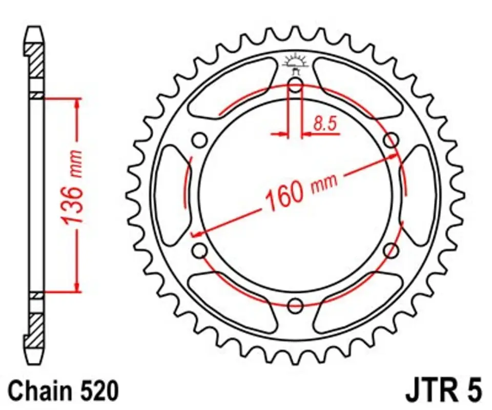 Řetězová rozeta JT JTR 5-45 45 zubů, 520 Vrácení Zdarma