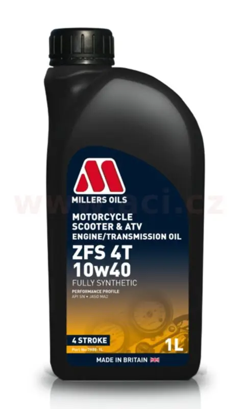 Víkendová Akce MILLERS OILS ZFS 10W40, plně syntetický olej pro 4T motory, vhodný pro aplikace s mokrou spojkou 1 l