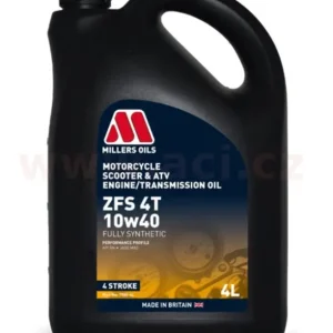 Cenový Hit MILLERS OILS ZFS 10W40, plně syntetický olej pro 4T motory, vhodný pro aplikace s mokrou spojkou 4 l