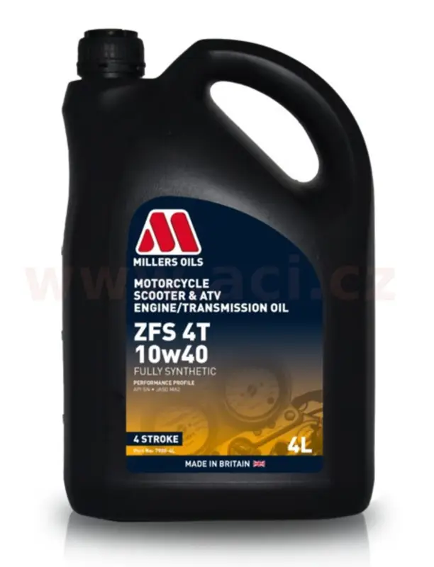 Cenový Hit MILLERS OILS ZFS 10W40, plně syntetický olej pro 4T motory, vhodný pro aplikace s mokrou spojkou 4 l