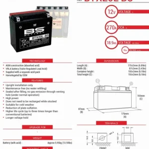 Nakupujte Hned BS akumulátor BTX20L-BS (YTX20L-BS) 12V 18AH 175X86X154 bezúdržbový - elektrolyt zvlášť (270A) UE48 (2)