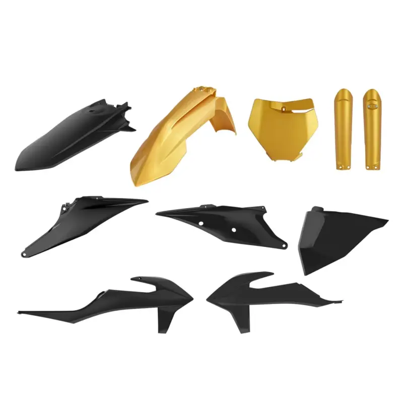 Nejlepší Cena POLISPORT kompletní sada plastů (FULL KIT) KTM SX/SX-F 19-22 v sadě přední tabulka (8666400009) a kryty tlumičů (8398600015) barva zlatá černá (GOLD METAL FLOW COMPLETE KIT)