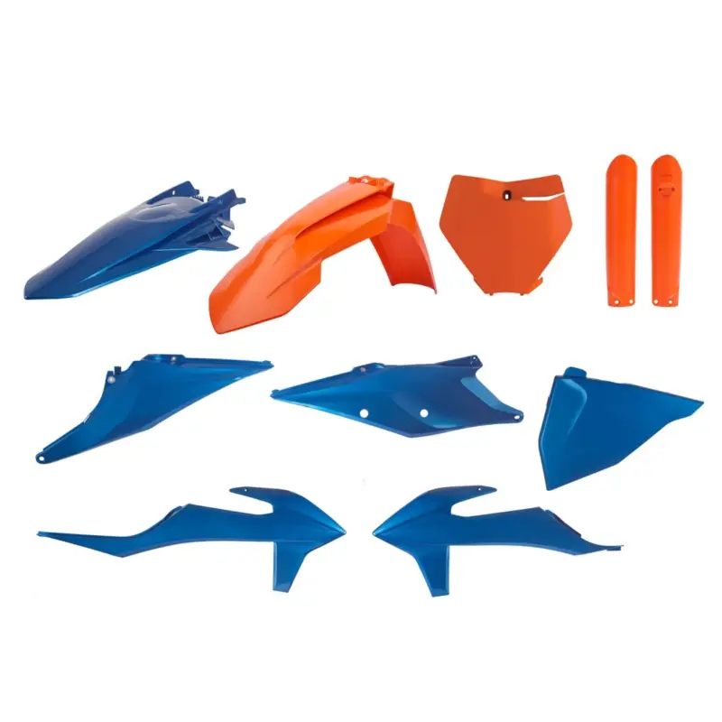 Zlevněný POLISPORT kompletní sada plastů (FULL KIT) KTM SX/SX-F 19-22 v sadě přední tabulka (8666400001) a kryty tlumičů (8398600005) barva modrá oranžová ( BLUE METAL FLOW COMPLETE KIT)