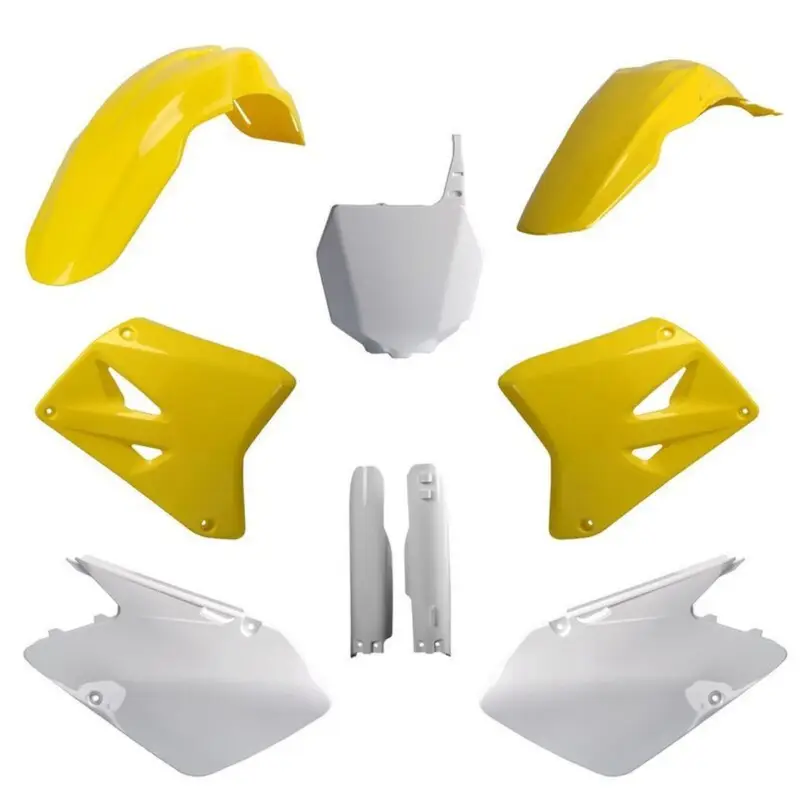 Zlevněný POLISPORT kompletní sada plastů (FULL KIT) SUZUKI RM 125/250 01-06 v sadě tabulka přední (8660400001) a kryty tlumičů (8351100001) barva žlutá bílá