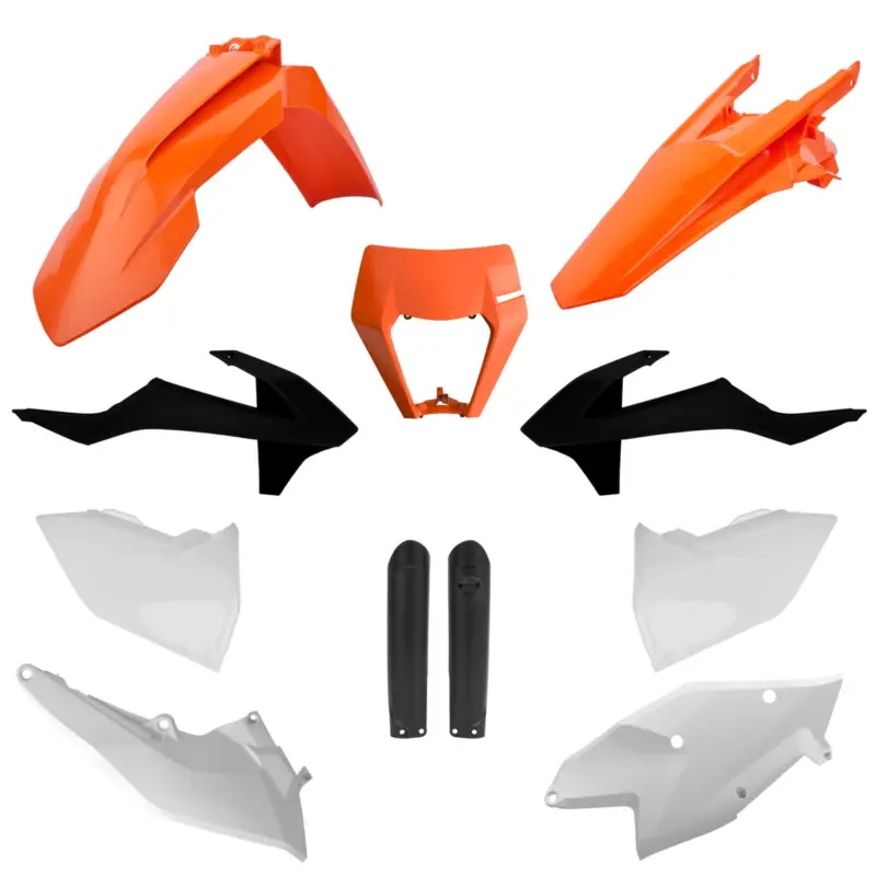 Aktuální POLISPORT kompletní sada plastů (FULL KIT) KTM EXC/EXC-F TPI 17-19 v sadě kryt světla (8666800006) a kryty tlumičů (8398600003) barva oranžová bílá černá