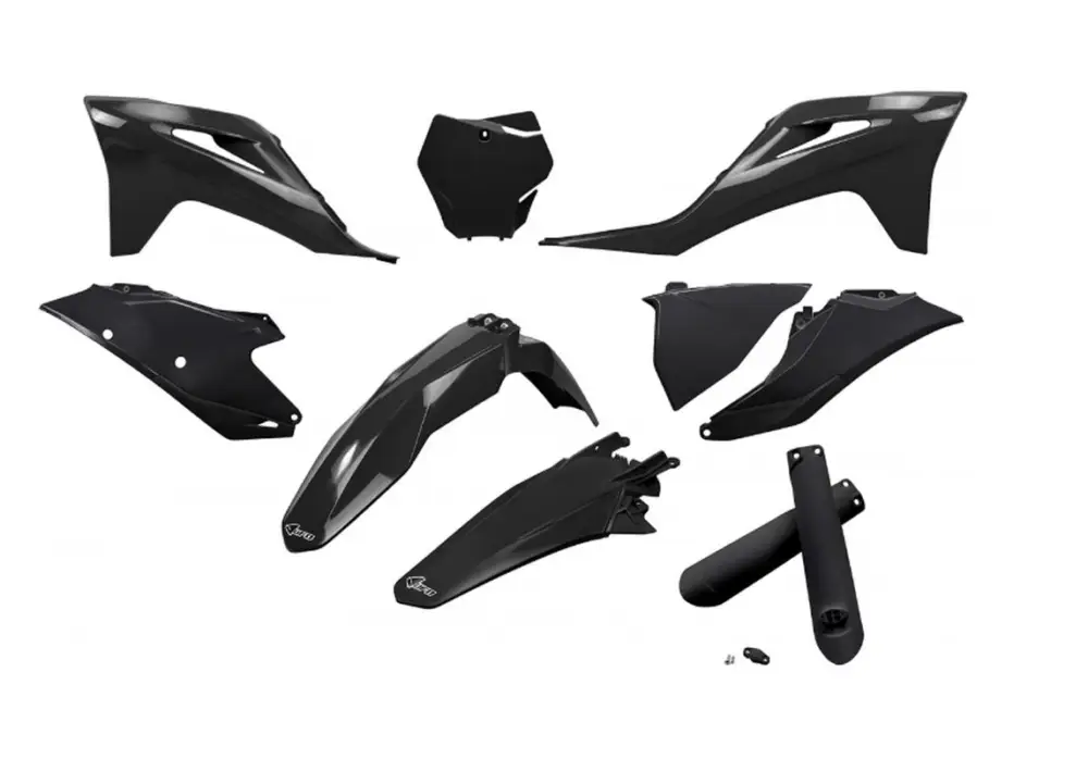 Zlevněný UFO kompletní sada plastů (FULL KIT) s kryty tlumičů GAS GAS MC 125 / 250 21-23, EX 250 / 300 21-23, MC-F / EX-F 250 / 350 / 450 21-23 barva černá