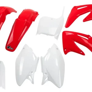 Autentický UFO kompletní sada plastů (FULL KIT) s kryty tlumičů HONDA CRF 450 R 02-03 barva OEM (červená/bílá) (HO106E999)
