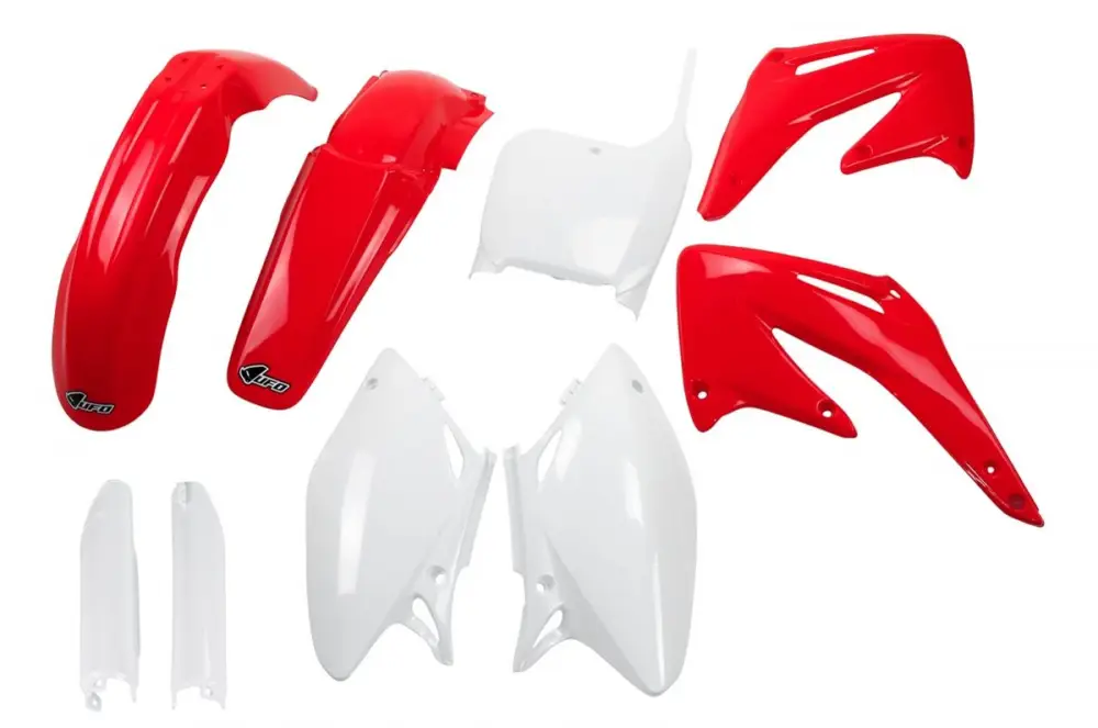 Autentický UFO kompletní sada plastů (FULL KIT) s kryty tlumičů HONDA CRF 450 R 02-03 barva OEM (červená/bílá) (HO106E999)