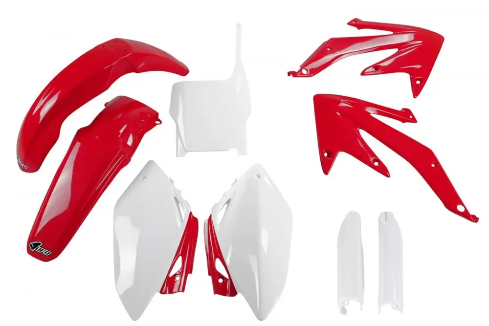Nová Kolekce UFO kompletní sada plastů (FULL KIT) s kryty tlumičů HONDA CRF 450 R 07 barva OEM (červená/bílá) (HO110E999)