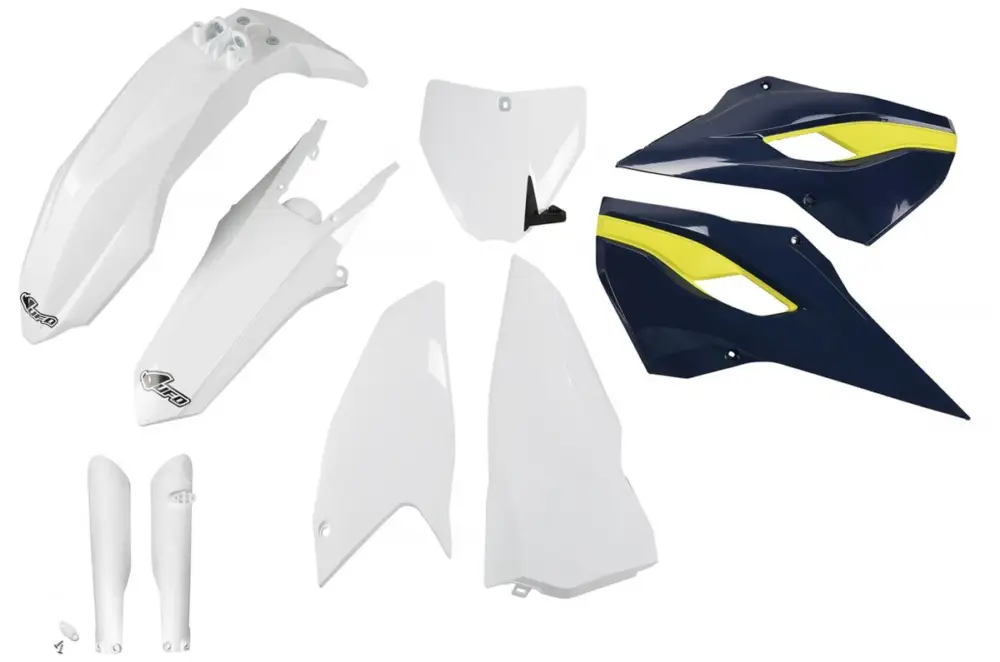 Nízká Cena UFO kompletní sada plastů (FULL KIT) s kryty tlumičů HUSQVARNA TC 250 16, barva OEM (bílá/modrá) (HU617E999)