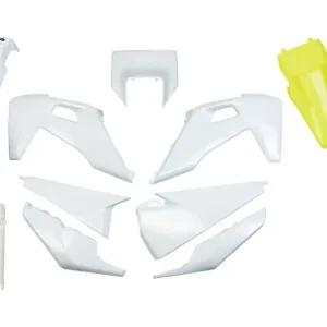 Cenová Bomba UFO kompletní sada plastů (FULL KIT) s kryty tlumičů HUSQVARNA TX / TE 125 / 150 / 250 / 300 20-22, FE 250 / 350 / 450 / 501 20-23 barva OEM bílá + žlutý blatník zadní