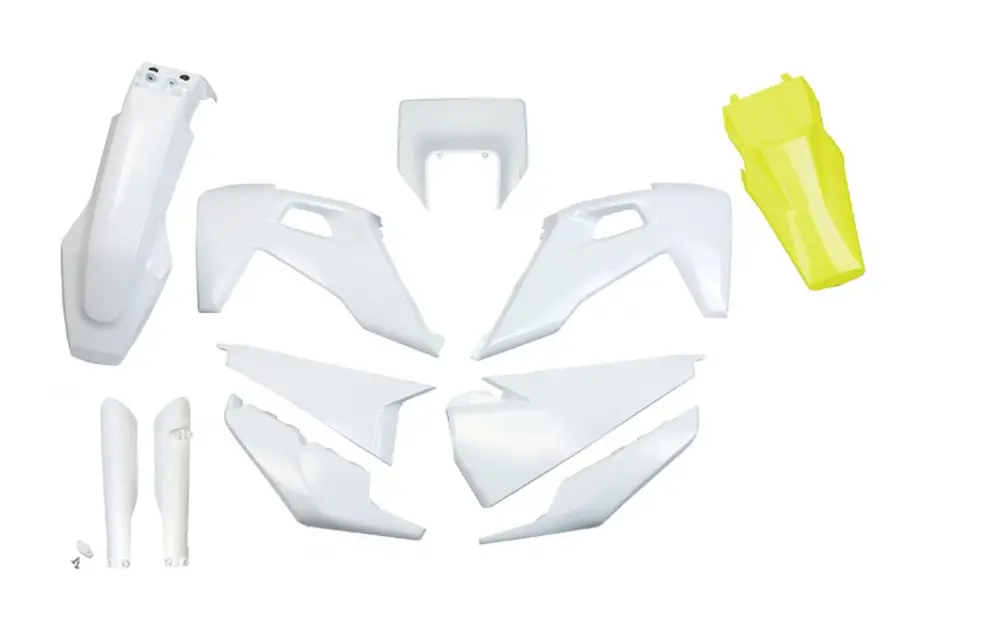 Cenová Bomba UFO kompletní sada plastů (FULL KIT) s kryty tlumičů HUSQVARNA TX / TE 125 / 150 / 250 / 300 20-22, FE 250 / 350 / 450 / 501 20-23 barva OEM bílá + žlutý blatník zadní