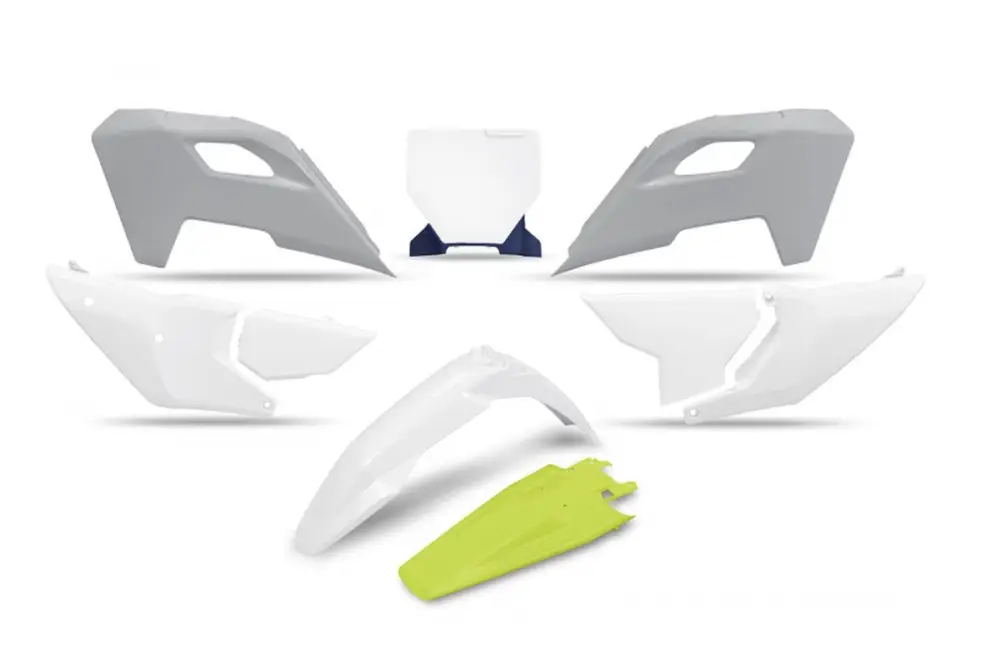 Hit Sezóny UFO kompletní sada plastů HUSQVARNA TC 125 / 250 23-24, FC 250 / 350 / 450 23-24, FX 350 / 450 23-24, TX 300 24, barva OEM bílá žlutá
