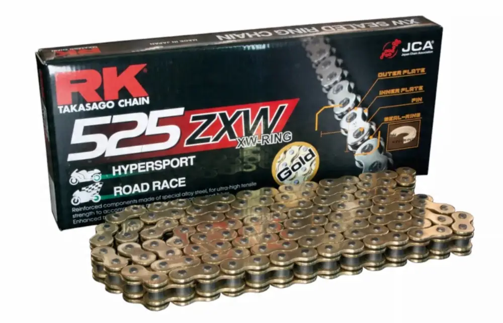 RK hnací řetěz 525ZXW-112 (XW-RING) nýtovací spojka (CLF) v sadě barva zlatá (objem: do 1300 ccm) Finální Výprodej