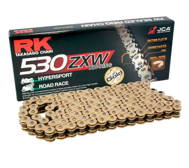 Oblíbený RK hnací řetěz GB530ZXW-122 (XW-RING) nýtovací spojka (CLF) v sadě barva zlatá (objem: do 1400 ccm)
