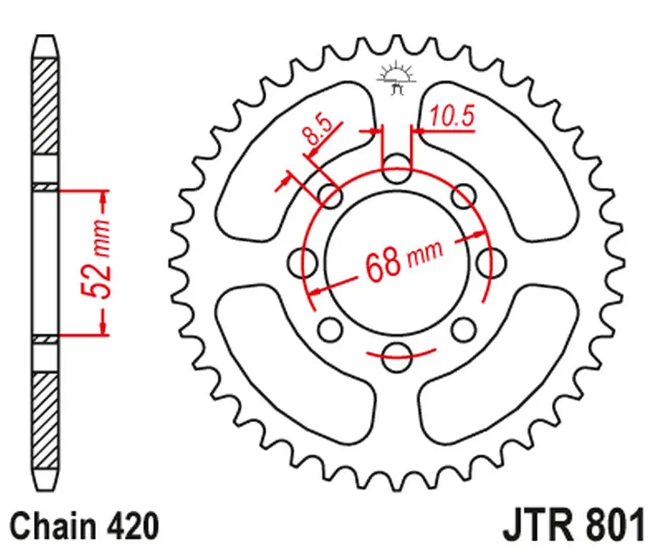 Vysoce Kvalitní JT zadní řetězové kolečko 801 31 SUZUKI PV 50 '81-00, FR 70 '75-87, FR 80, FM 50 '80-98, RV 50 '15-16, DRZ 110 '03-05, KAWASAKI Z 125 '17-20, KLX 110 '03-20, (80131JT) (řetěz 420)
