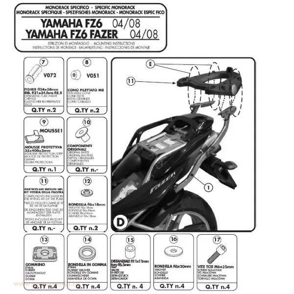 KAPPA nosič zadního kufru YAMAHA FZ6 / FZS 600 FAZER (04-06), FZ6 S2 / FZ6 600 FAZER S2 (07-11) ( bez plotny ) Dokud Zásoby Vydrží